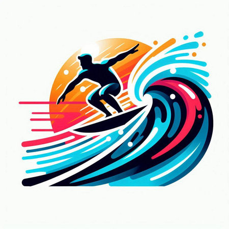 Surfer with surfboard on the wave. Vector illustration for your designのイラスト素材