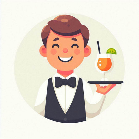 Waiter holding tray with cocktail. Vector illustration in cartoon style.のイラスト素材