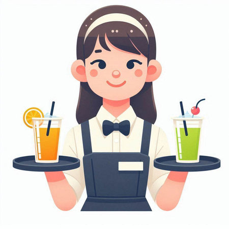 Cute waitress holding a tray with drinks. Vector illustration in cartoon style.のイラスト素材