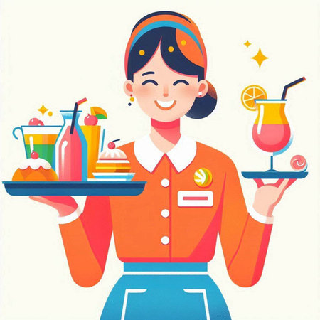 Beautiful waitress holding a tray with a cocktail. Vector illustration.のイラスト素材