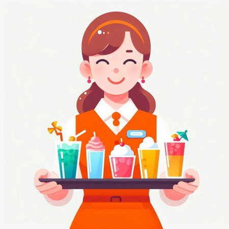 Smiling waitress holding a tray of milkshakes, vector illustrationのイラスト素材