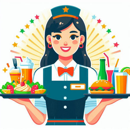 Smiling waitress holding tray with food. Vector illustration in cartoon style.のイラスト素材