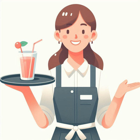 Waitress holding a tray with a cocktail in her hand, vector illustrationのイラスト素材