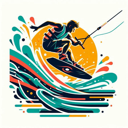 Water sports - wakeboarding. Vector illustration of a man riding a waterboard.のイラスト素材