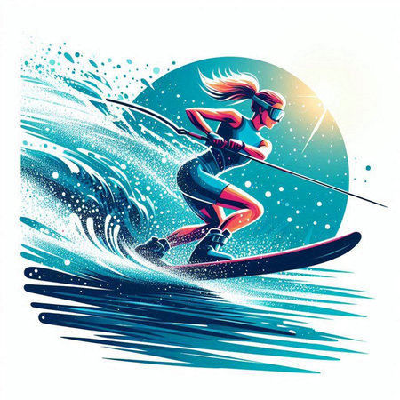 Female surfer on a surfboard. Vector illustration in retro style.のイラスト素材