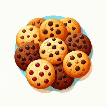 Chocolate chip cookies on a blue plate. Vector illustration isolated on white background.のイラスト素材