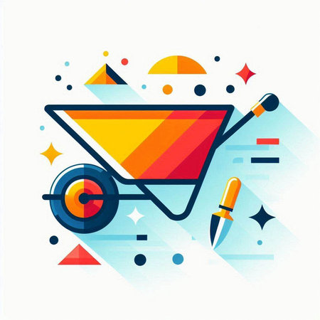 Wheelbarrow with paint and brush. Flat style vector illustration.のイラスト素材