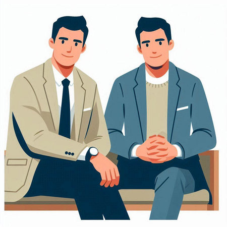 Two businessmen sitting on bench and talking. Vector illustration in flat styleのイラスト素材
