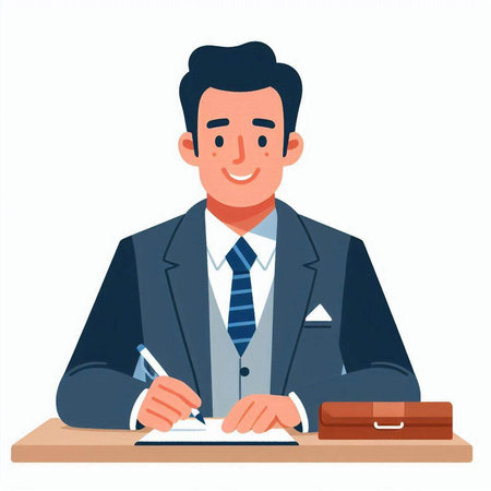 Businessman sitting at desk and writing in notebook. Vector illustration.のイラスト素材
