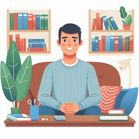 Young man sitting at the desk in front of bookshelf. Vector illustrationのイラスト素材