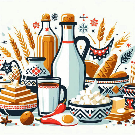 Bakery products. Vector illustration in flat cartoon style. Bread, milk, cheese, flour, eggs, olive oil, salt, pepper.のイラスト素材