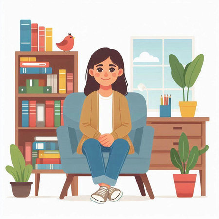 Girl sitting in armchair and looking at camera. Vector illustration.のイラスト素材