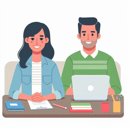 Young man and woman sitting at the desk with laptop and document. Vector illustrationのイラスト素材