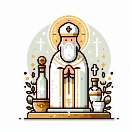 Vector illustration of Jesus Christ with wine bottle on the altar. Religious symbols.のイラスト素材