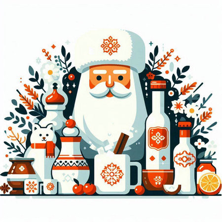 Christmas and New Year vector illustration with Santa Claus, wine, gingerbread, spices.のイラスト素材