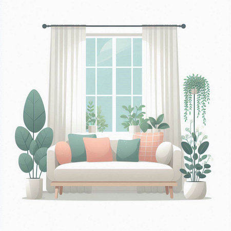 Living room interior with window, sofa, plants. Vector illustration.のイラスト素材