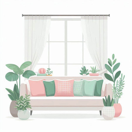 Living room interior with sofa, plant and window. Vector illustration.のイラスト素材
