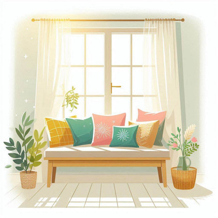 Illustration of a living room interior with a sofa and pillowsのイラスト素材