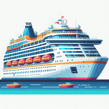 Cruise ship on the sea. Vector illustration in flat style.のイラスト素材