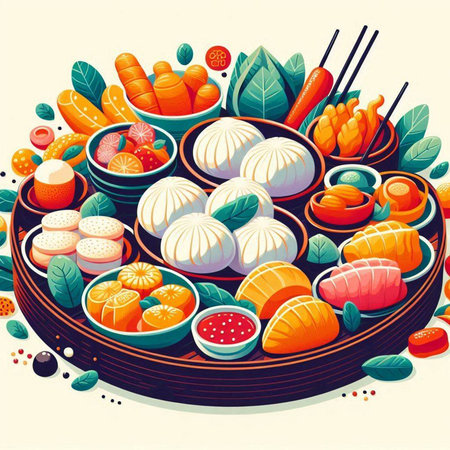 Illustration of sushi and rolls in wooden plate with chopsticks.のイラスト素材