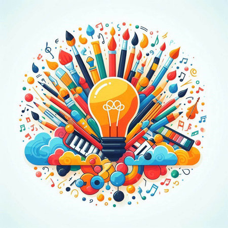 Vector illustration of creative bright bulb with school supplies on white background.のイラスト素材