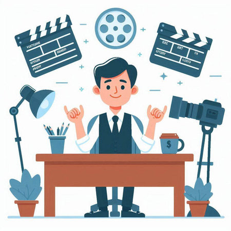 Cinema director with camera and clapperboard. Vector illustrationのイラスト素材