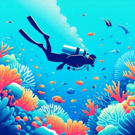 Scuba diving in the coral reef. Underwater vector illustration.のイラスト素材