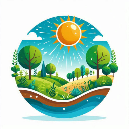 Vector illustration of a summer landscape with trees, grass and sun.のイラスト素材