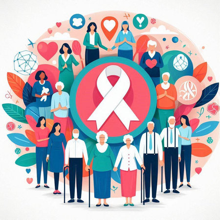 Breast Cancer Awareness Month. Vector Illustration of People with Cancer Awareness Ribbon.のイラスト素材