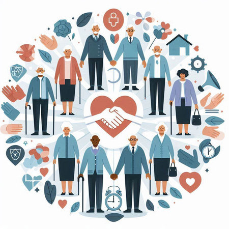 Vector illustration of business people in circle with heart. Flat style.のイラスト素材