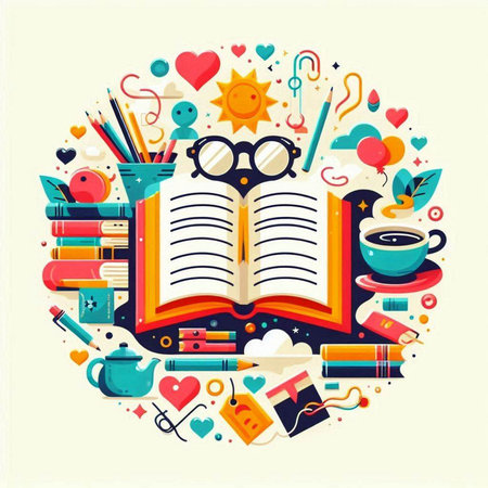 Flat design vector illustration concept of education, knowledge and wisdom. Round composition with book, glasses, pencils, cup of coffee, books and other items.のイラスト素材
