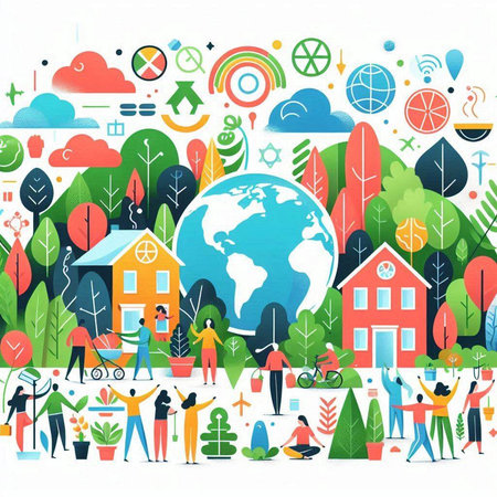 Ecology concept. People around the world. Vector flat illustration.のイラスト素材