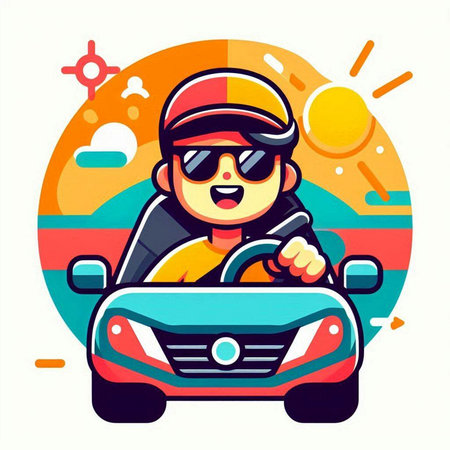 Man driving a car on the road. Vector illustration in flat styleのイラスト素材