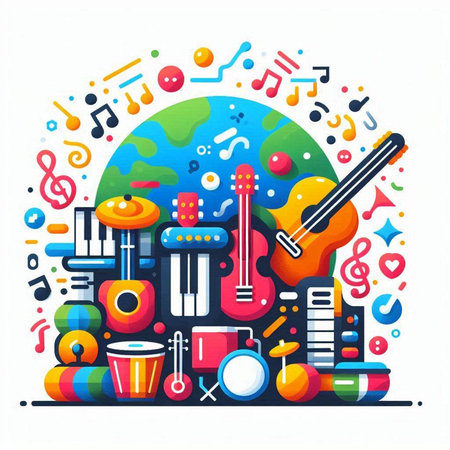 Colorful musical instruments on white background. Vector illustration in flat styleのイラスト素材