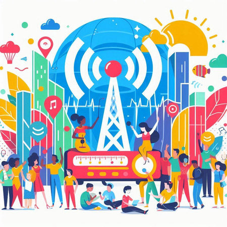 People with mobile phone and wi-fi tower. Vector illustration.のイラスト素材