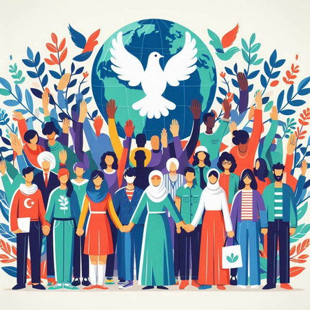 International Day of Peace concept. Group of diverse people holding hands together with peace dove. Vector illustration.のイラスト素材