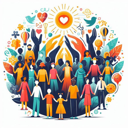 Volunteer community concept. Vector illustration of group of people standing around planet Earth with hands raised up.のイラスト素材