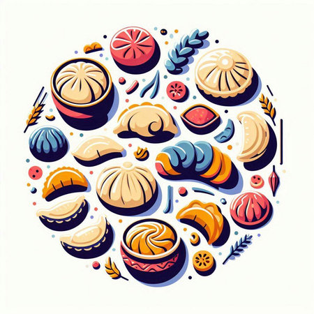 Chinese dumplings in round shape. Vector illustration of chinese food.のイラスト素材