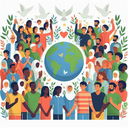 International Day of Peace. Group of diverse people holding hands around the planet Earth. Vector illustration.のイラスト素材