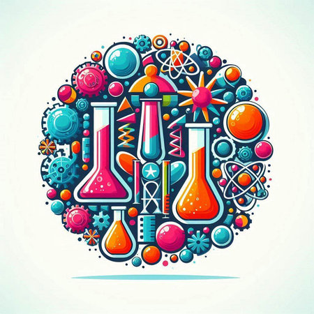 Colorful science round composition with flask, atom, molecule and stars. Vector illustration.のイラスト素材