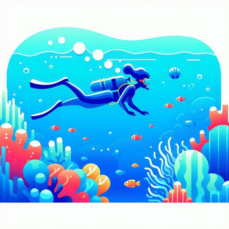Illustration of a scuba diver diving in the sea, vector illustrationのイラスト素材