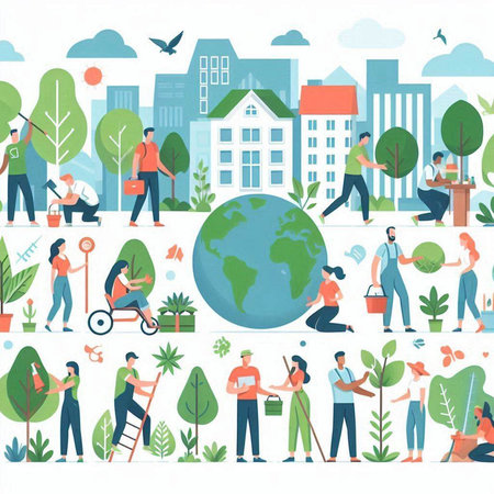 Flat vector illustration of people working in the garden, planting trees.のイラスト素材