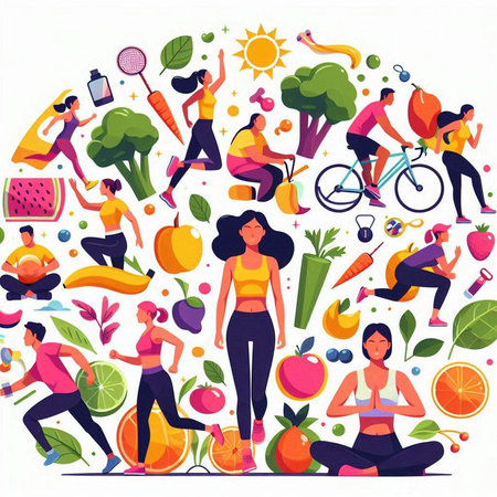 Healthy lifestyle concept in flat design. Vector illustration with people and fruits.のイラスト素材