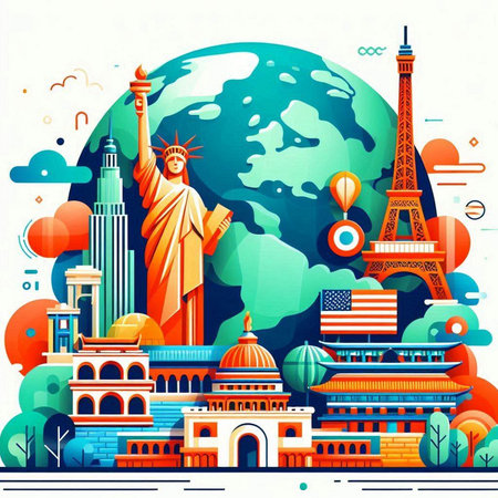 Travel around the world concept vector illustration in flat style with famous landmarks.のイラスト素材