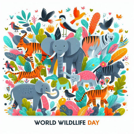 World Wildlife Day. Vector illustration with cute cartoon animals and plants.のイラスト素材