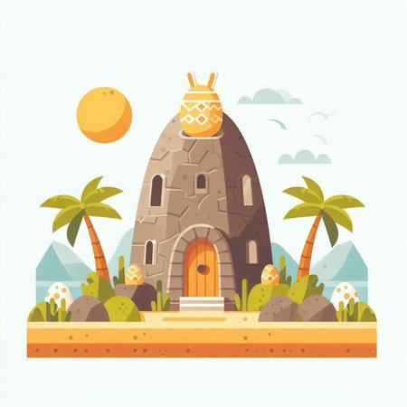 Stone house in the desert. Cute cartoon style. Vector illustration.のイラスト素材