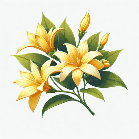 Illustration of yellow lilies with green leaves on a white backgroundのイラスト素材