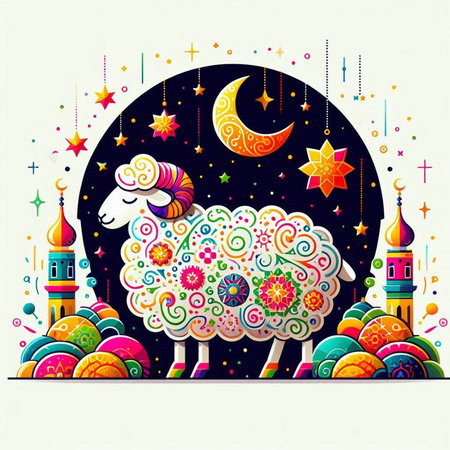 Sheep on the background of the night sky. Vector illustration.のイラスト素材