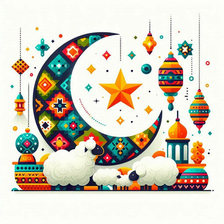 Ramadan Kareem greeting card with arabic lanterns and sheepのイラスト素材