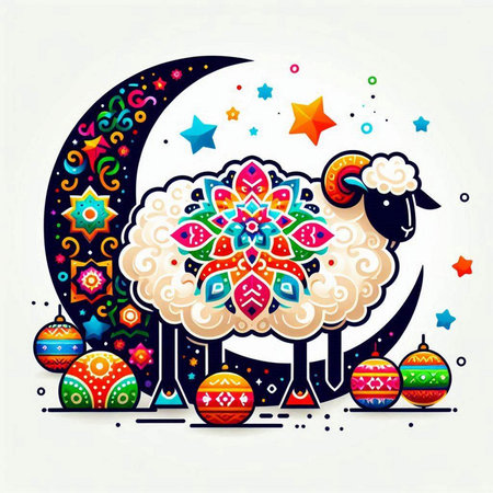 Eid Mubarak greeting card with sheep and moon. Vector illustration.のイラスト素材